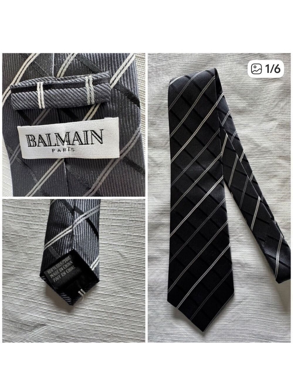 Balmain Black and Gray Striped Silk Tie